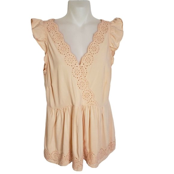 LOFT Tops - LOFT Womens Top Sz 4 Eyelet V-neck Wrap Flutter Sleeves Peach Peplum Embroidery